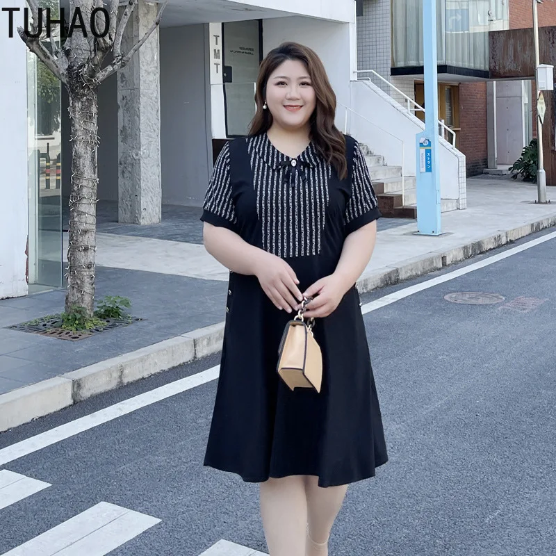 

TUHAO Women Black STRIPED Dressess Oversized 7XL 6XL 5XL 3XL Summer Short Sleeve Loose Dresses Ladies Casual Large Size Dress