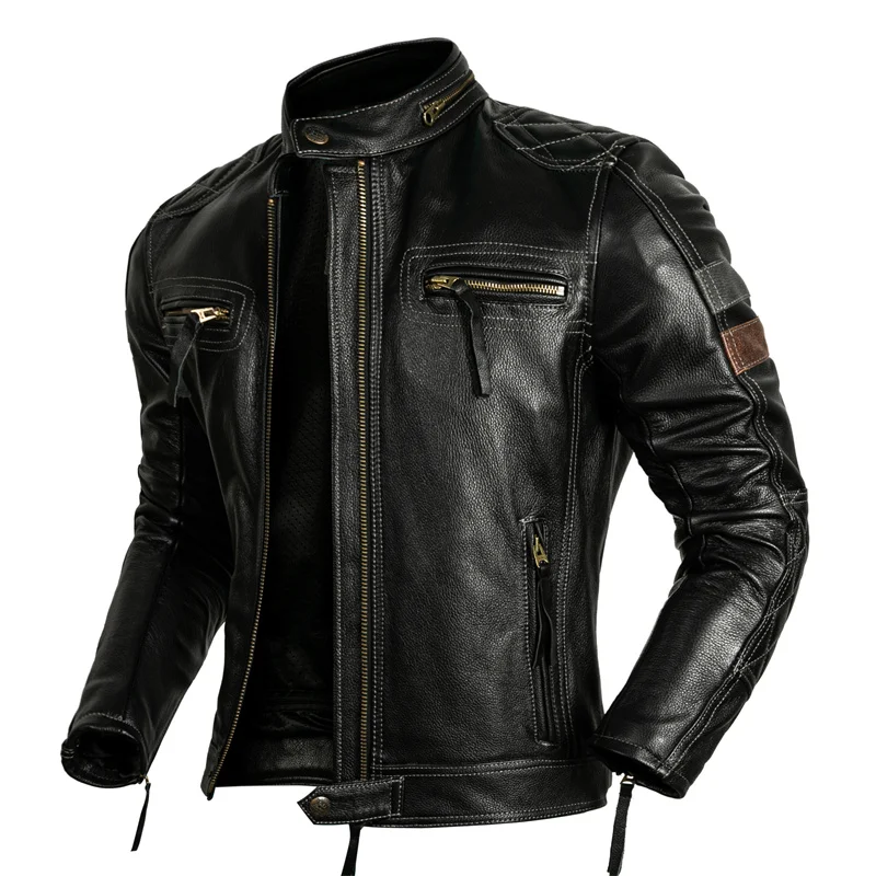 Protective Rider Clothing Natural Cow Leather Jacket Men Motor Biker Coat Mens Motorcycle Jacket Genuine Leather Jaqueta Men Leather Jacket