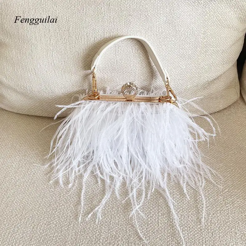 Luxury Ostrich Feather Party Evening Clutch Bag Women Wedding Purses and Handbags Small Shoulder Chain Bag Designer Bag