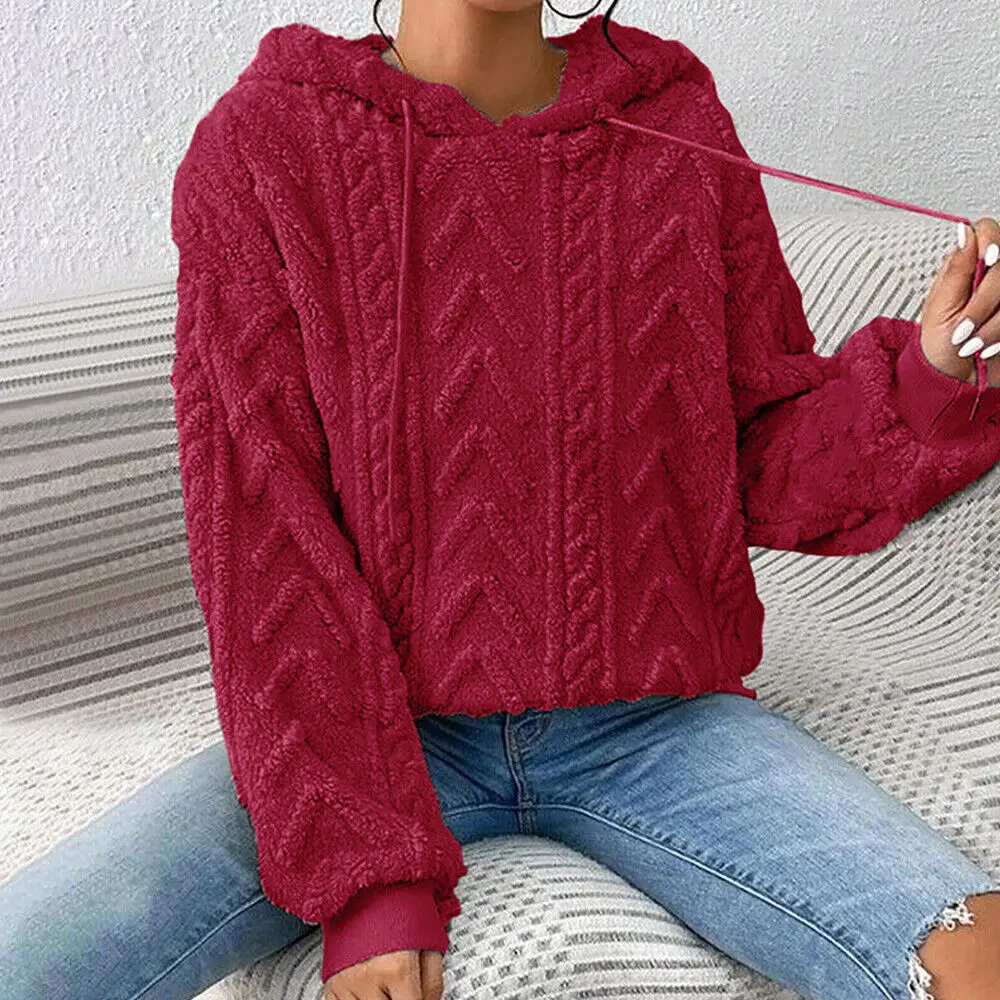 Hoodies For Women Solid Color Fleece Sport Pullover Cozy Oversized Pockets Hooded Sweatshirt