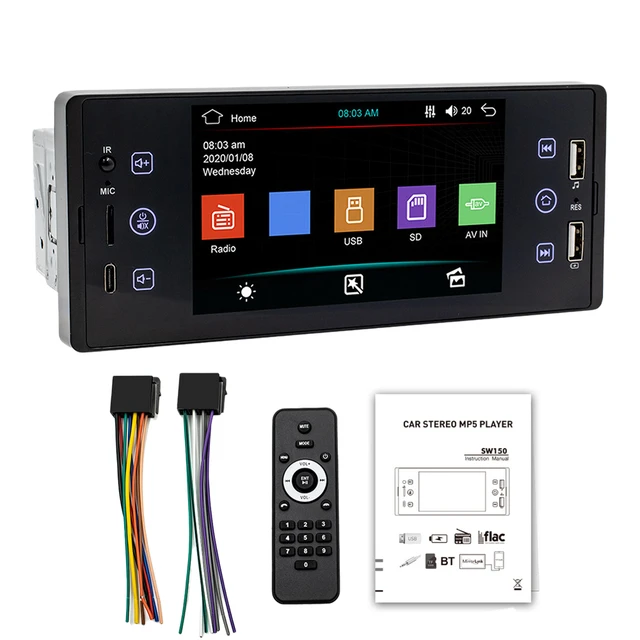 4 x 60 W Radio de coche estéreo Bluetooth reproductor MP5 Single Din Dual  USB manos libres estéreo para coche soporte MP3/MP5/USB pantalla LCD con
