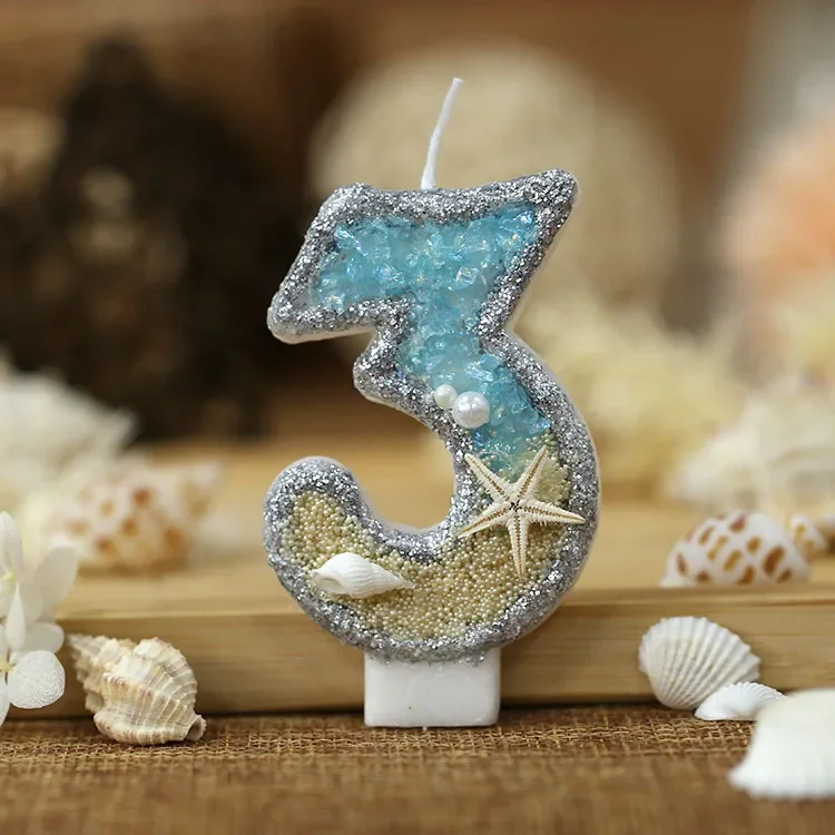 Candeline Numerali Glitter Celeste Numero 3 - Per Torte Di Compleanno, Con Supporto, 10.5x5.5 Cm