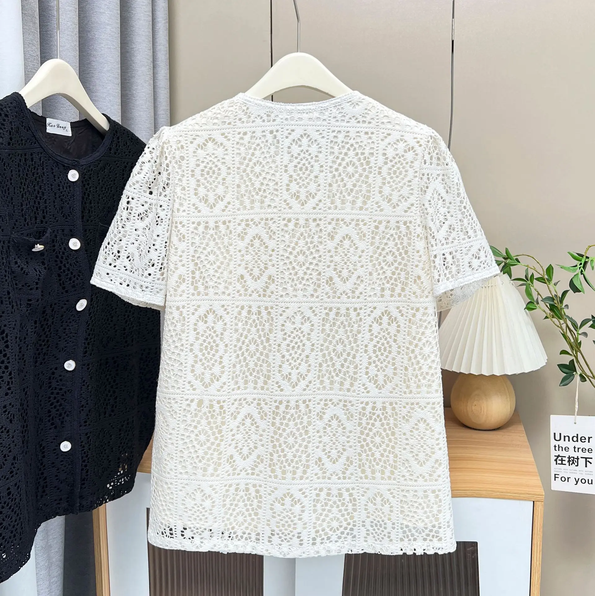 2025 Plus Size Blouses Summer New Chic Double Lace Hollow Out Short Sleeved Shirt 100kg Women Top 3062