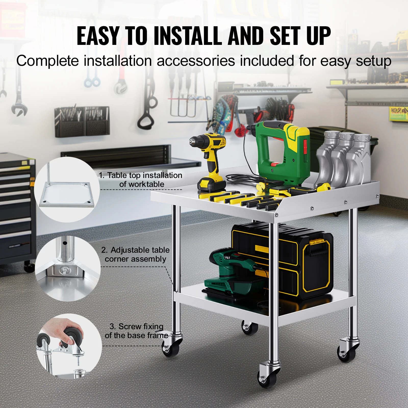Stainless Steel Commercial Work Table with 4 Wheels for Food Prep