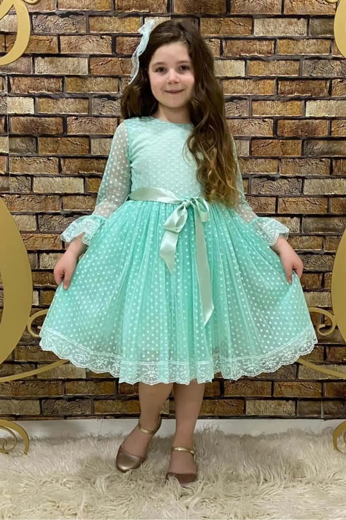 

Colorful French Lace Buckle Girl Dress Woven 100% Cotton Green Pocket Free Belted Clothing