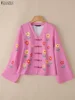 ZANZEA Womens Floral Printing Pink Shirts Vintage Frog Buttons V-Neck Long Sleeve Button Up Shirt Casual Woman Clothing S-3XL