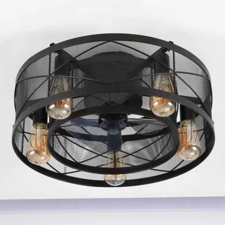 Remote control cage ceiling fan with light embedded base, suitable for kitchen, living room and bedroom, Vintage Black E27