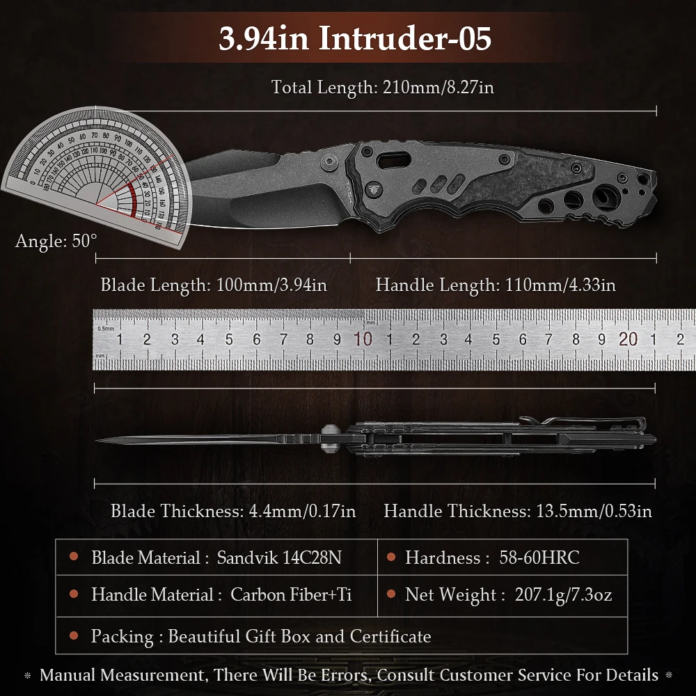 TRIVISA Axis Folding Pocket Knife for Men, Good Outdoor Knife with Clip，14C28N Steel Blade,Ti & Carbon Fiber Handle，Brass Gasket 2
