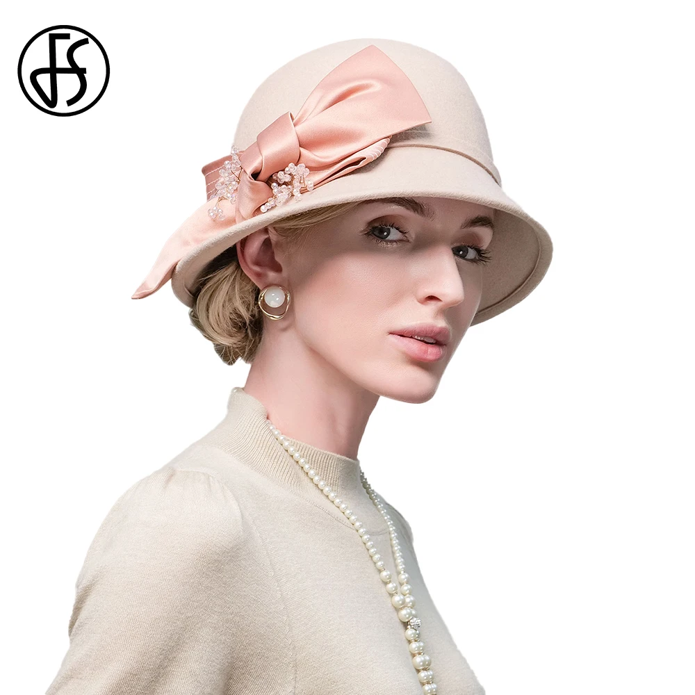 FS Vintage Wine Red Hats For Women With Bowknot Elegant Church Camel