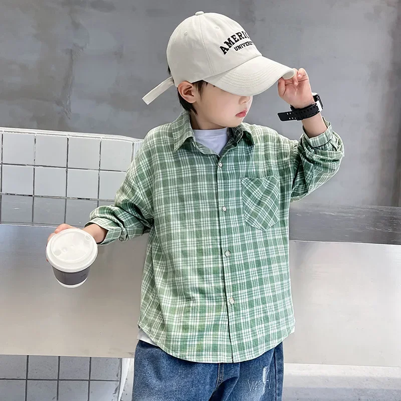 Spring Autumn Plaid Shirt Thin Outerwear for Boys Mid Large Children Fashionable Clothing Spring Autumn Style Lightweight Jacket