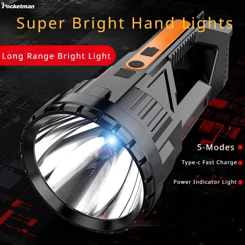 Most Powerful LED Flashlight USB Rechargeable Searchlight High Power Work Light Camping Lantern Torch with Built-in Battery
