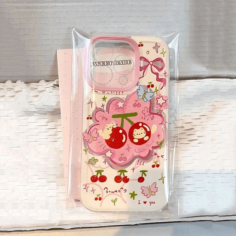 Trendy Pink Cherry Cat Y2K Cartoon Silicone Phone Case