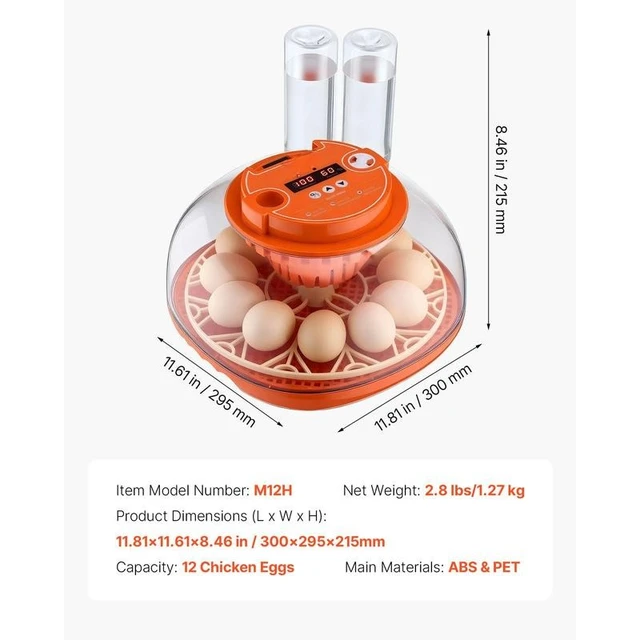 12 Egg Incubator, Automatic Egg Turner with LED Candler, Temperature & Humidity Control, 360° View Clear Window, Poultry Eggs Incubator for Home Farm, Hatching Chicks Ducks Goose Quail