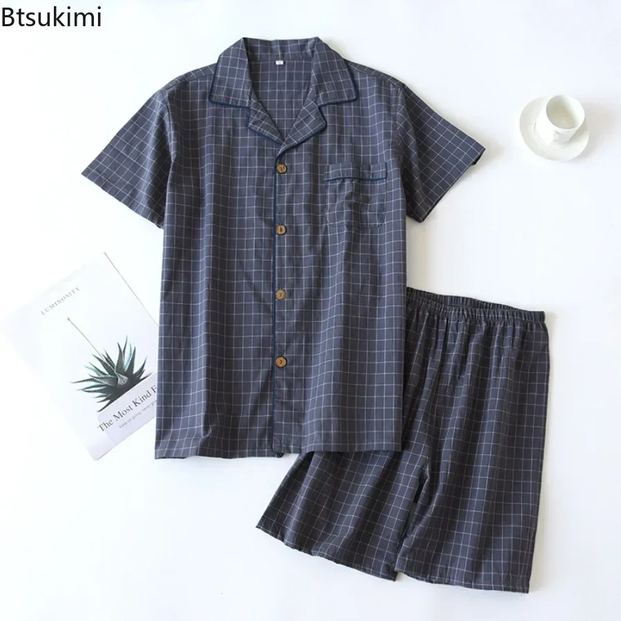 Men's Summer Pajamas Pajama Sets Thin Short-sleeved Shorts Soft Cotton Simple Japanese Plaid Home Service Suit Pantalon Pijama Hombre