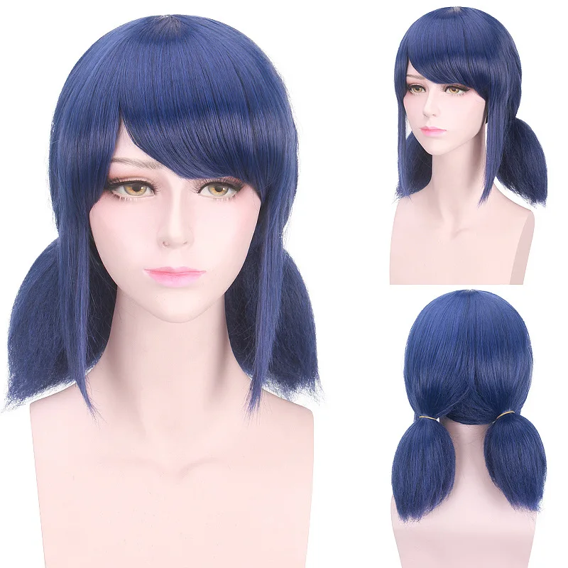 Parrucca capelli sintetici Marinette parrucca Cosplay blu scuro doppia coda di cavallo dritto parrucche da donna resistenti al calore di Halloween