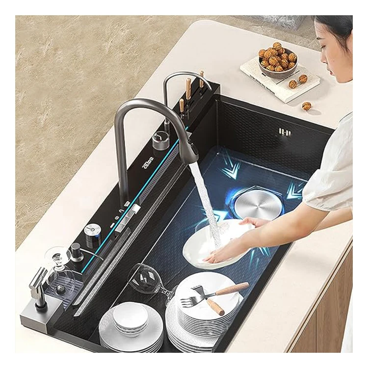 New Product Multifunctional Black Kitchen Sink 304 Smart Stainless Steel Large Sink Hotel Kitchen Handmade Stainless Steel Sinks