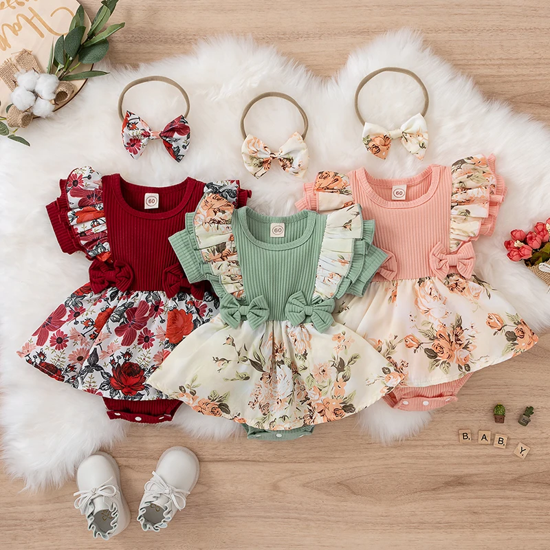 

2023 New Spring Floral Romper Baby Girl Kids Overalls For Baby Newborn Knitted Jumpsuit Toddler Girl Flower Printed Romper 0-18M