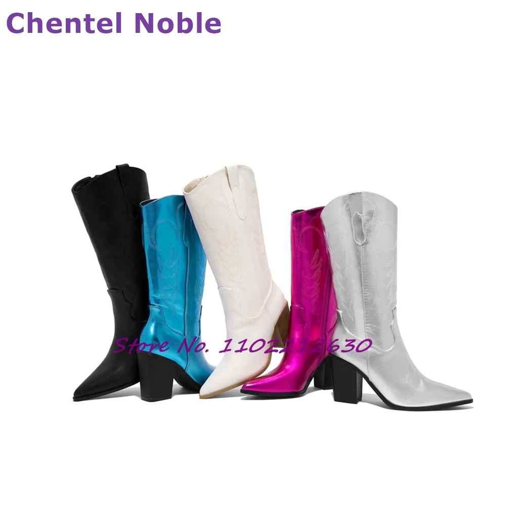 Mirror Boots Square High Heels Pointy Toe Embroidery Mid Calf Boots Newest Fashion Comfortable Solid Women Shoes Leisure Party