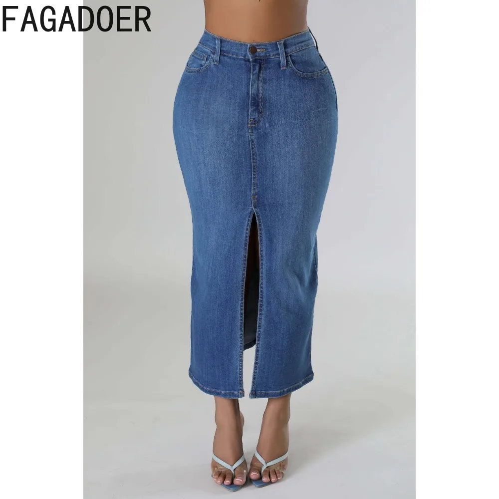 FAGADOER Blue Fashion Denim Skinny Slit Skirt Women High Waisted Button Cowboy Bottoms Elegant Lady Solid Color Matching Clothes adagirl flare jeans woman blue y2k baggy vintage kpop bow high waist wide leg boot cut denim pants harajuku causal mujer bottoms