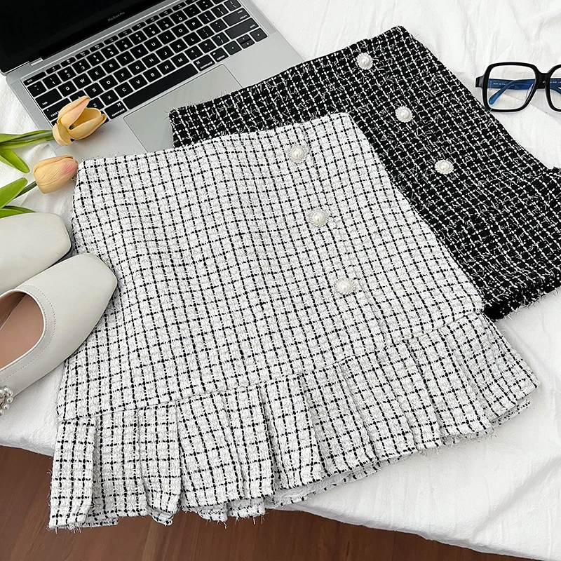 

2023 Office OL Workwear Tweed Short Skirts Autumn Winter A Line Skirt Women High Waist Solid Vintage Mini Skrits A-line Clothing