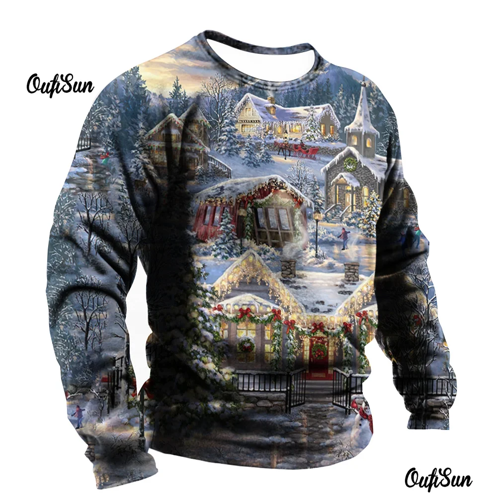 

New Santa Claus T-Shirt For Mens Christmas Clothing Oversized Long Sleeve Tops Casual Streetwear O Neck Pullover Male Sweatshirt