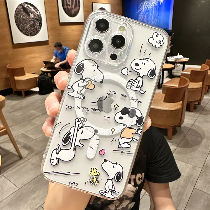 Snoopy Niedlicher Cartoon mit Magsafe-Hülle für iPhone 15 14 13 12 11 Pro X Xs Max SE2 7 8 Plus Hartschale magnetische kompatible Abdeckung