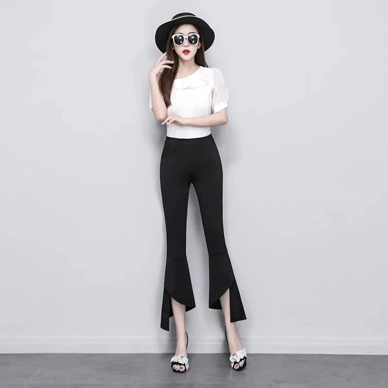 2022 Spring Summer New Slit Flared Trousers Women Fashion High Waist Slim Pants Streetwear Casual Ladies Black Baggy Suit Pants