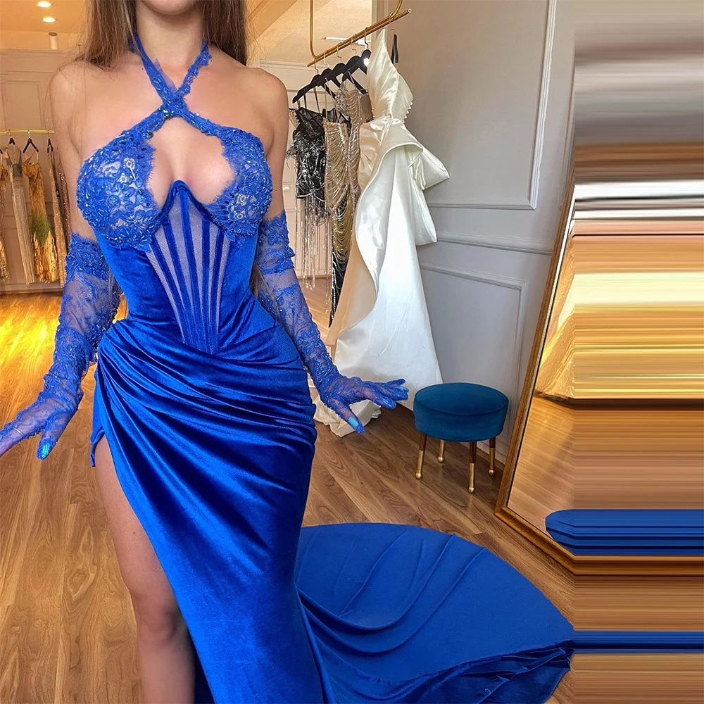 

Sevintage Royal Blue Mermaid Prom Dresses for Black Girls Halter Lace Appliques Birthday Party Dress Illusion Evening Gowns