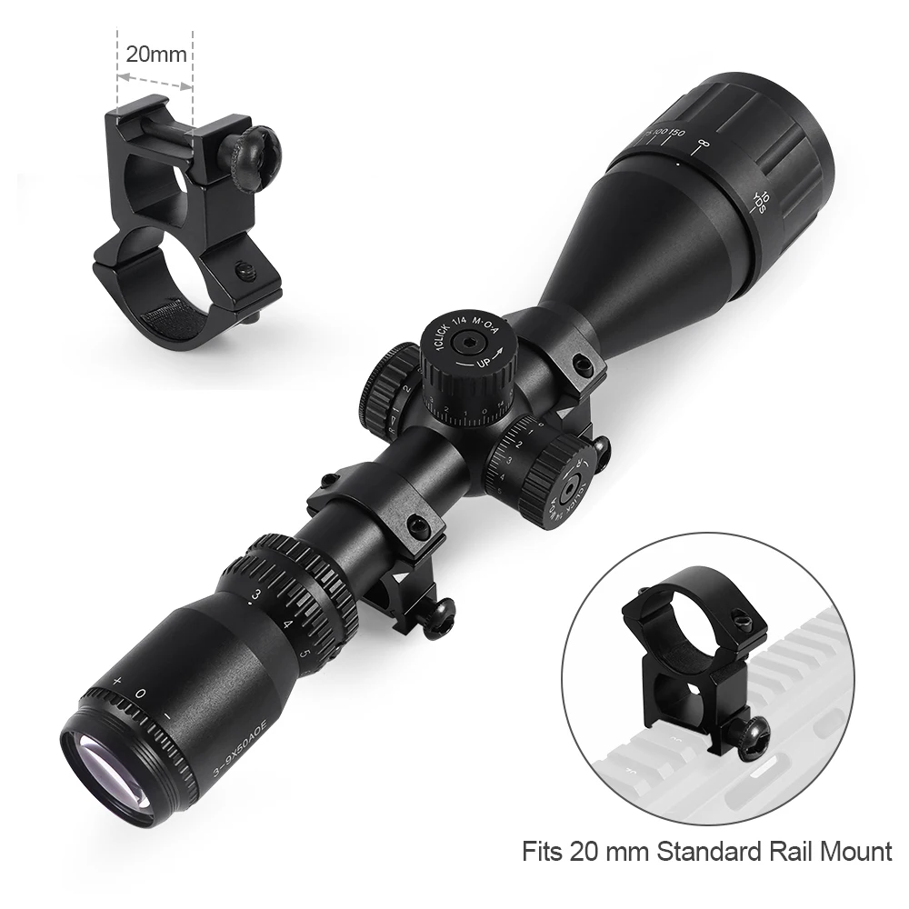 Tactical 3-9X50AOE Optical Sight Long Range Rifle Scope Red/Green Dot Laser Combo for Hunting Airsoft-Adjustable Focus