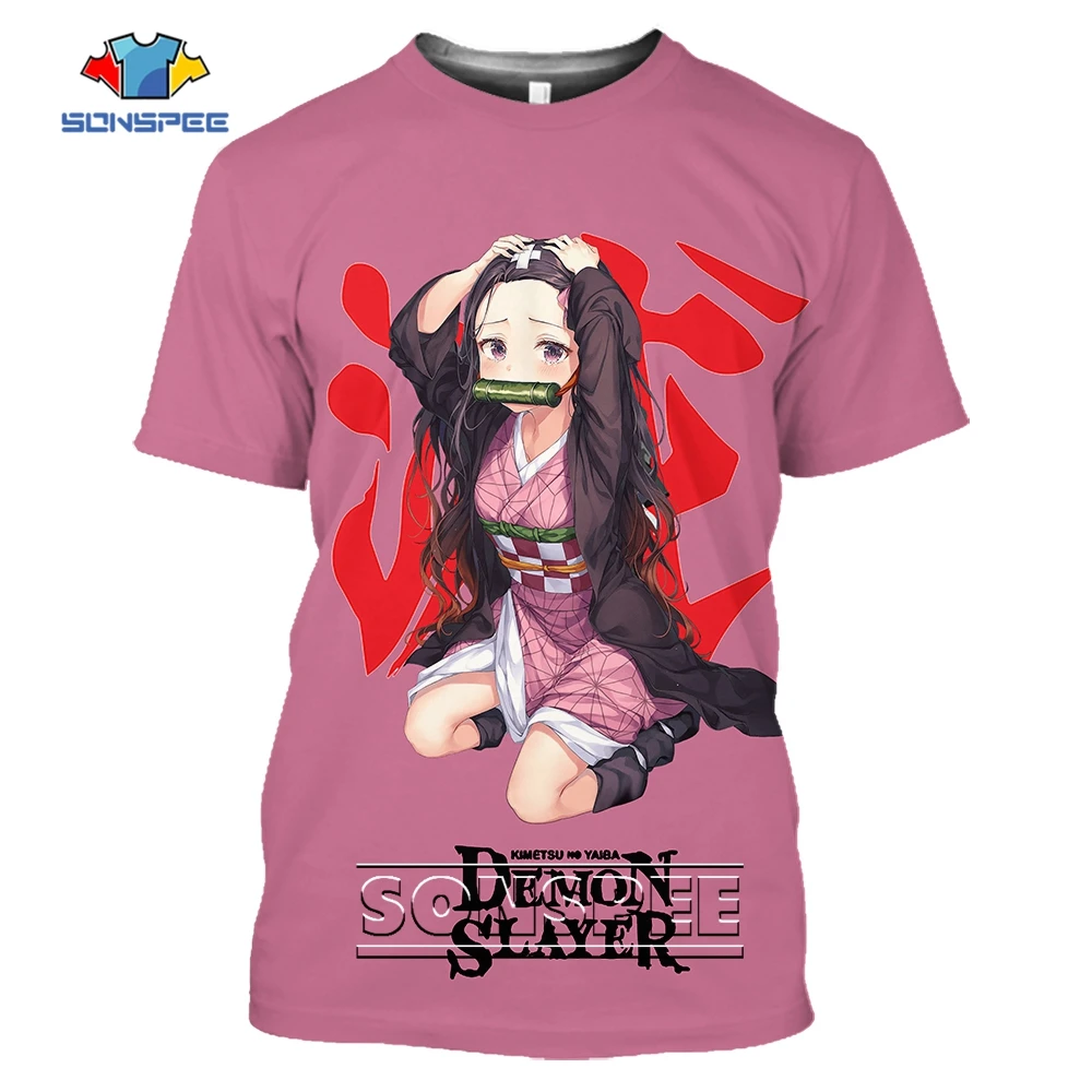 

SONSPEE Pink Cute Anime Role Kamado Nezuko 3D Print Demon Slayer Tee Short Sleeve Street Harajuku Man Oversize Kids T-shirt Tops