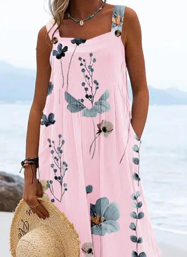 2024 New Summer Jumpsuits New Fashion Square Neck Floral Print Wide Leg Suspender Overalls Loose Rompers Daily Vacation Jumpsuit