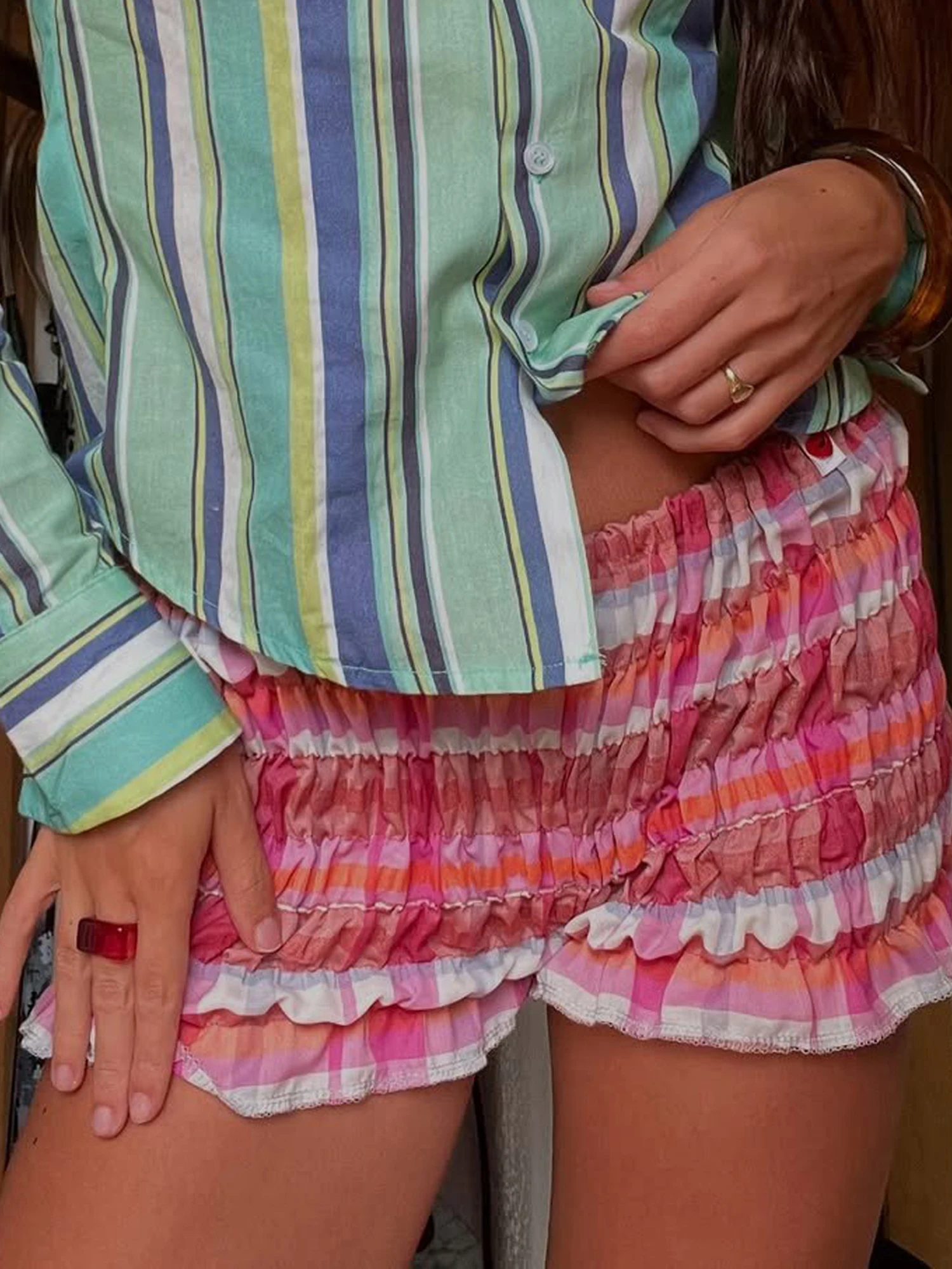 Women s Floral Print High Waist Ruffle Hem Shorts Casual Loose Fit Elastic Waist Summer Beach Shorts