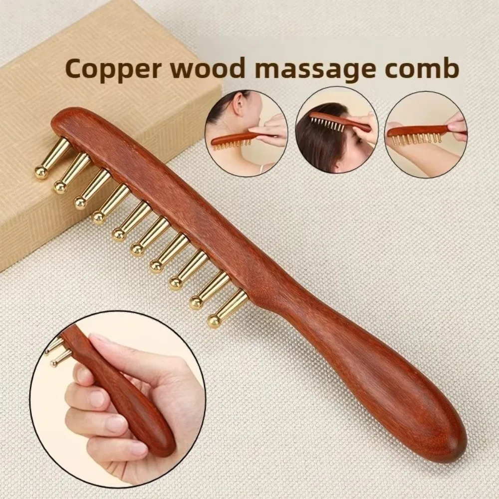 Durable Scalp Relax Tools Head Meridians Massage Comb Copper Needling Guasha Meridians Comb Long Hair Wooden Head Meridian Comb