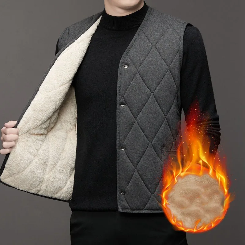 Autumn Winter Male Clothes Fashion Sleeveless Thickening Button Vest Casual Warm Solid Plaid All-match Men's Plus Fleece Coat