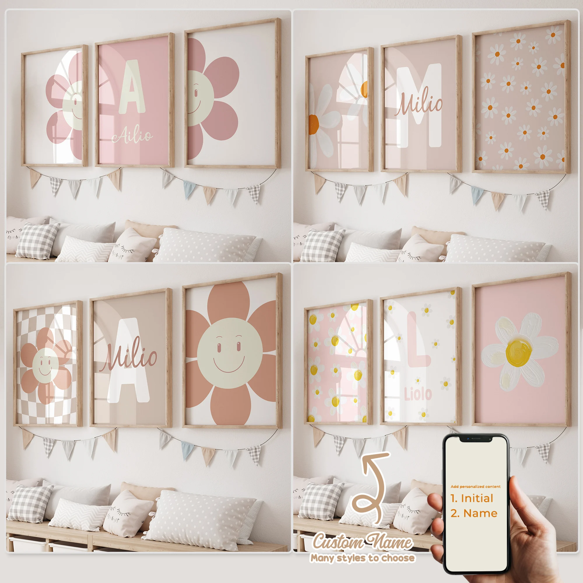 3pcs Personalized Custom Name Cartoon Pink Daisy Wall Art Print Picture Canvas Poster Painting For Living child Room Home Decor 1