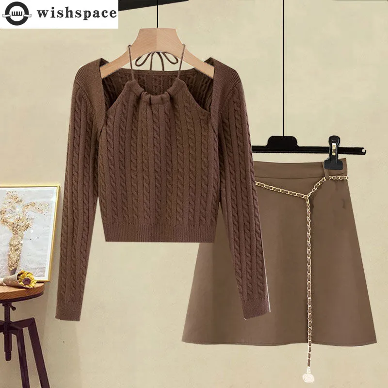 Autumn 2022 Off Shoulder Sling Knitted Sweater Waist Chain Decorative Mini Skirt Two Piece Elegant Women's Party Dress Set men s daily streetwear waterproof mini phone crossbody waist chest sling bag