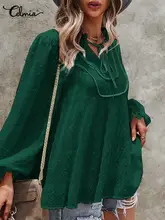 

Celmia Sexy V-neck 2022 Summer Blusas Women Casual Elegant Ruffled Tops See-through Long Sleeve Jacquard Blouses Lace-up Shirts