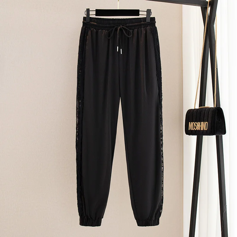 

150Kg Plus Size Women's Spring Summer Loose High Waist Lace Stitching Casual Pants Black Hip 150cm 5XL 6XL 7XL 8XL 9XL