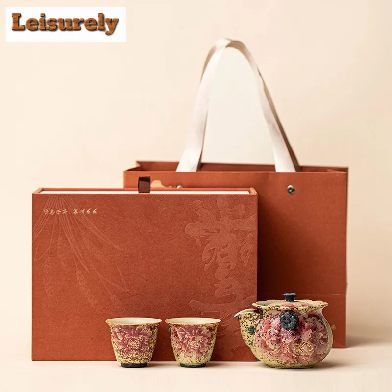 Kiln Fambe Firestone Red Peony Tea Set Complete Set Boutique Tea Ceremony Set Household Teapot And Tea Cup Set Teaware Craft