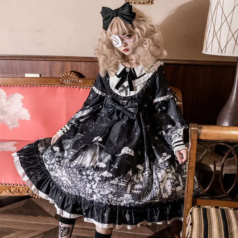 

2024 Autumn Gothic Black Ruffled Bow Lolita Dress Women Japanese Sweet Loli Dresses Vampire Cosplay Costumes for Halloween