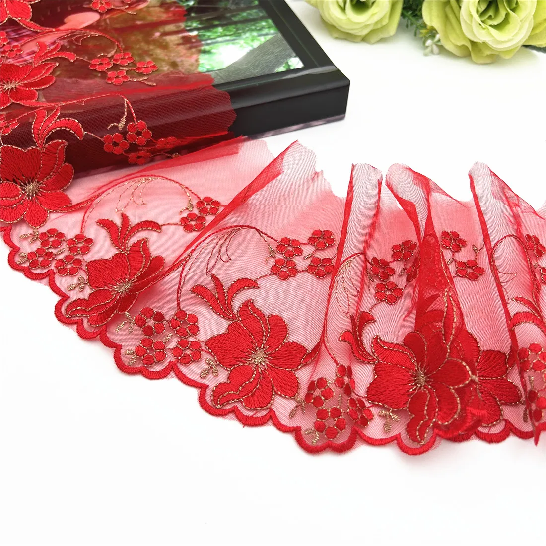 20y/lot Width 5Inch 13cm Red Gold Embroidery Floral Lace Trim Skirt Hem Underwear Sewing Material Craft DIY Apparel Fabrics Lace 5