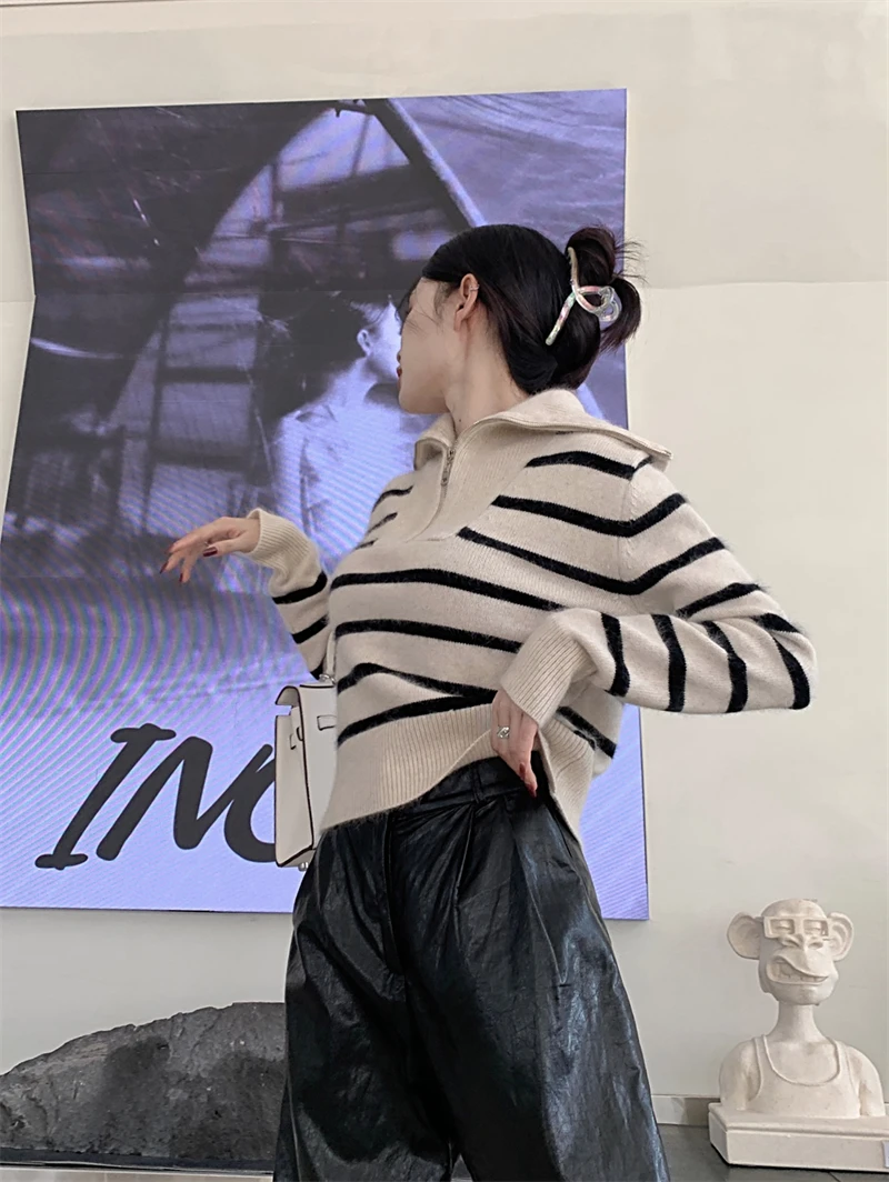 Women's Striped Sweater Zip Thick Fall Loose Turtleneck Knit Jumper Turn-down Collar Casual Oversize Fashion Women Sweaters