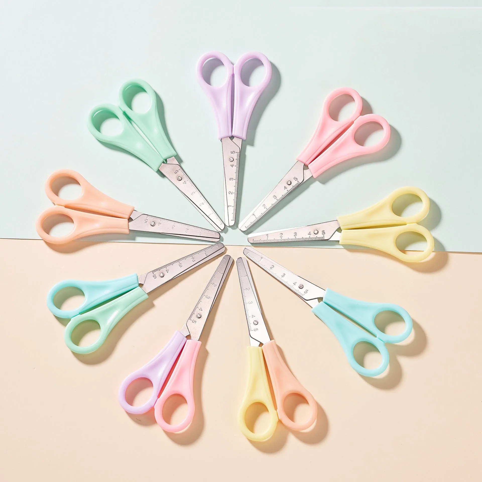 Creative Solid Colors Plastic Handle Stainless Steel Ruler Function Blade Simple Safe Children Students Study Homework Scissors 2