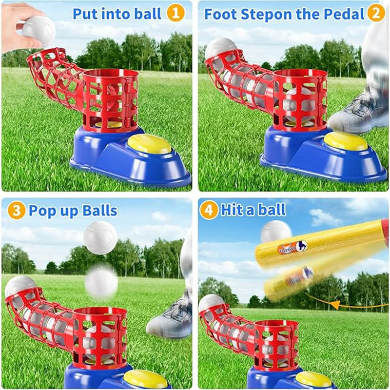 2 in 1 Tee Ball Set toy for Baseball Tee, including 10 balls、Step on Pitching Machine、Batting Tee． Outdoor toys for aged 3-8 6