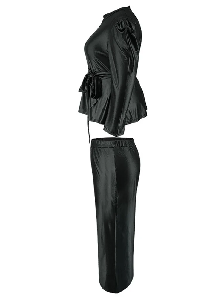 Wmstar PU Two Piece Sets Plus Size Women Crop Top Pants Matching Sets Cool Casual Fashion Fall Clothes Wholesale Dropshipping