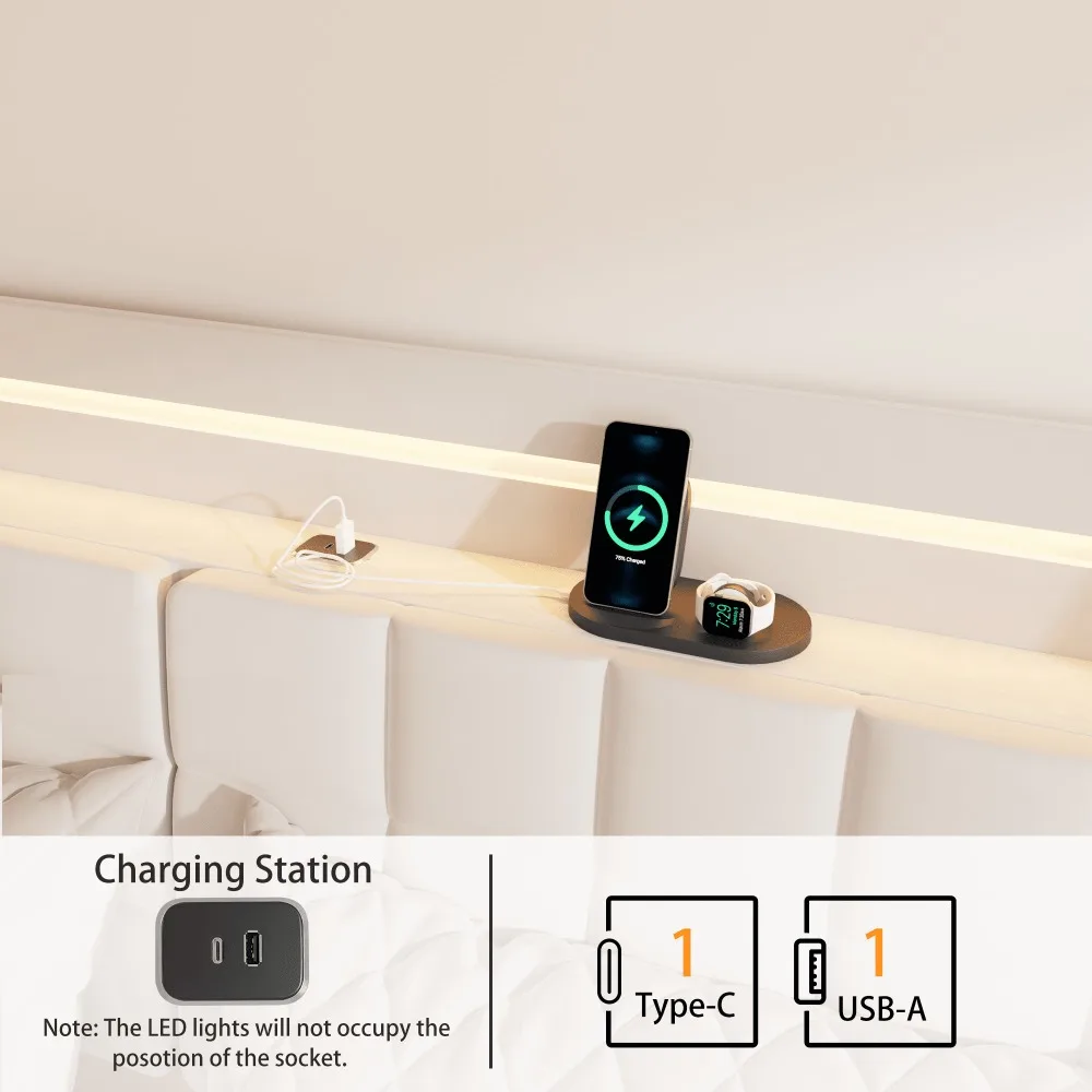 Wood Floating Bed with Hidden Storage Headboard, LED Light, USB Ports for Adult, Beige 6