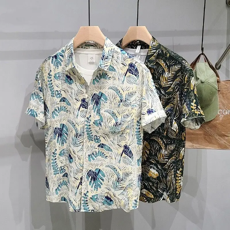 Summer Polo-neck Trend Fashion Printing Shirt Male Casual Fashion Vintage Cardigan Top Men Short Sleeve Oversized Buttons Blouse