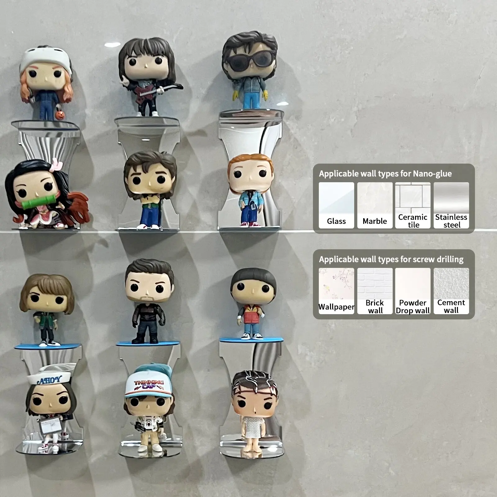 

Funko Pop Figure Display Cabinet, Acrylic Mirror Float, Self-Adhesive Wall Rack for Decoration and Storage, Set of 6