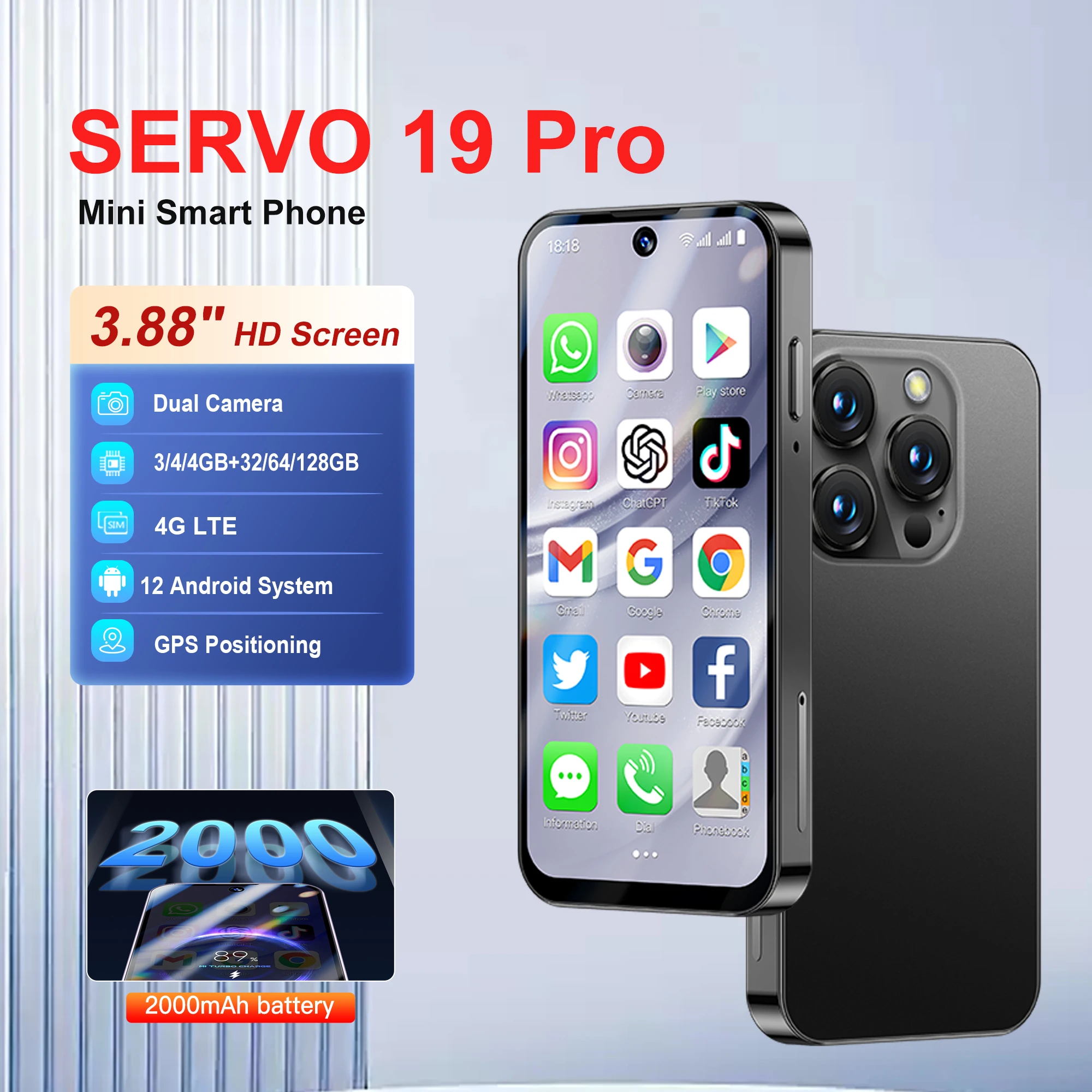 SERVO 19PRO Mini Pocket Android Smartphone 4G Network 128GB ROM
