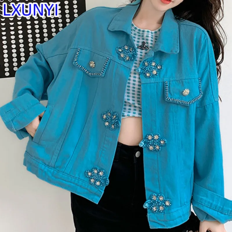 

LXUNYI Chinese Style Vintage Blue Denim Coat Woman Tide Fashion Long Sleeve Spring Loose Ladies Jean Jacket Casual Oversize